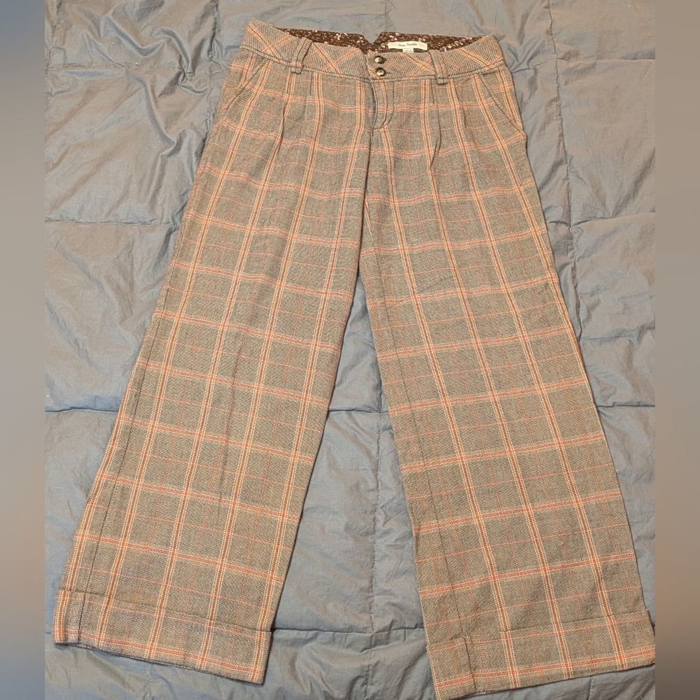 RARE Vintage Free People Y2K Brown Tan Plaid Straight Leg Wide Leg Trouser Pant